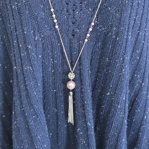 Silver-Tone Pink Bead Tassel Necklace